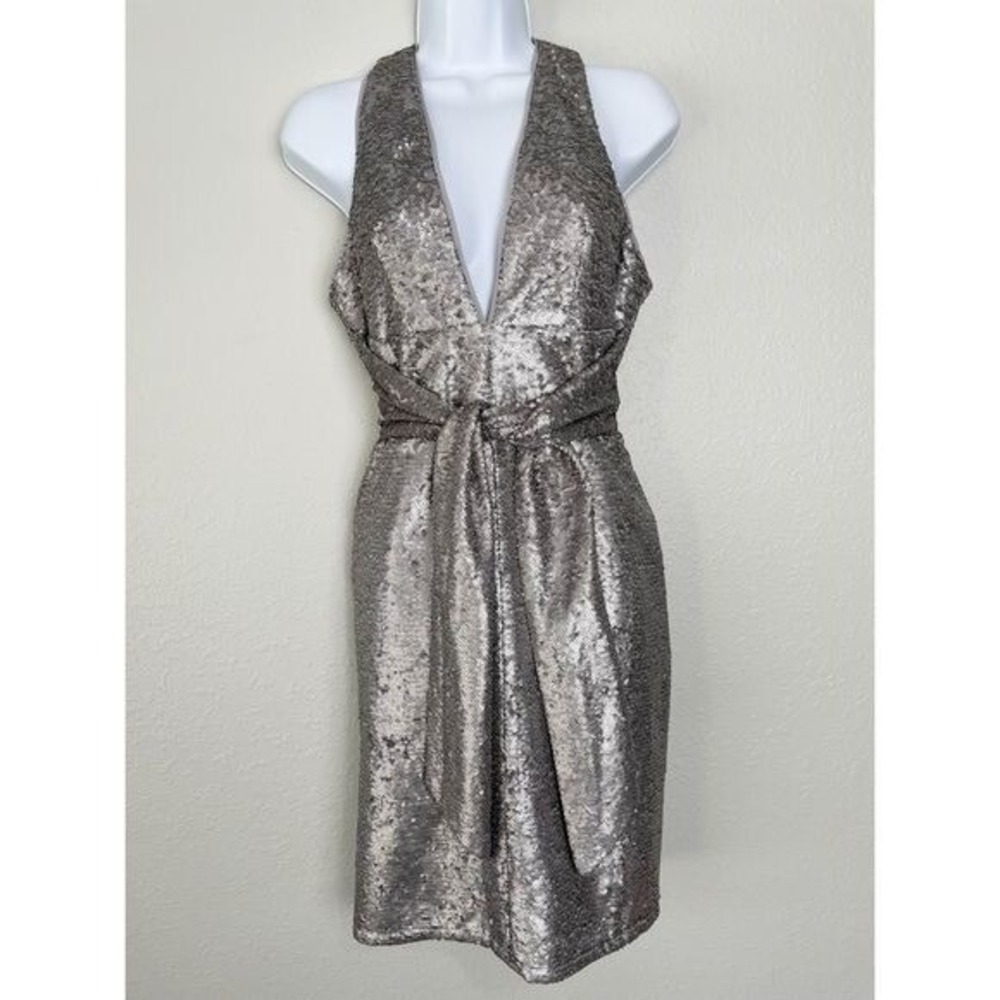 Harlyn silver sequin plunge neck matte waist tie dress S Formal Cocktail